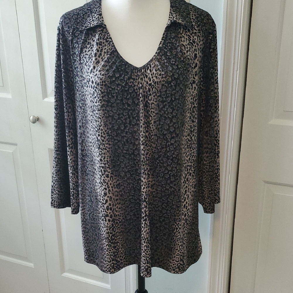 Susan Graver Leopard Print 3/4 Sleeve Blouse Size XL